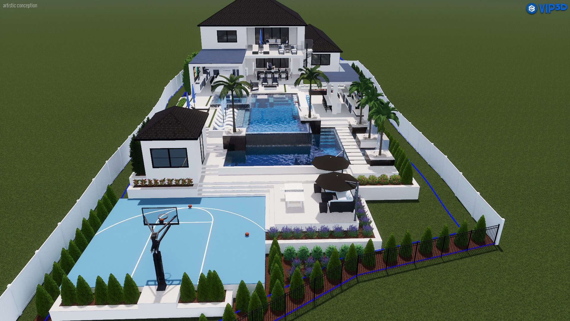 3D Design luxurious modern backyard with a custom-designed swimming pool and outdoor living space.