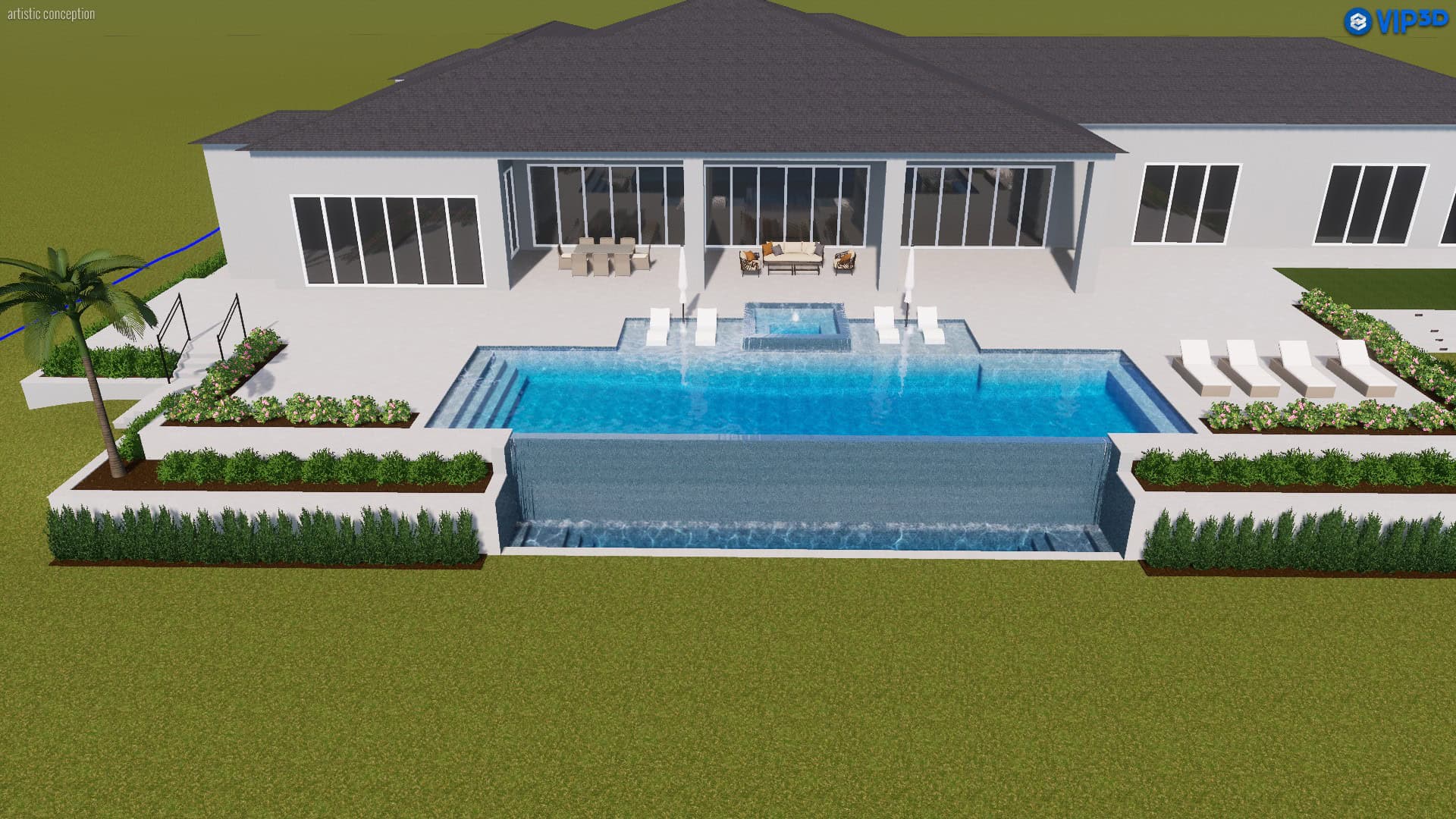 3D Modern backyard with custom pool, basketball court, and outdoor lounging area. Elegant landscaping completes this luxurious design.