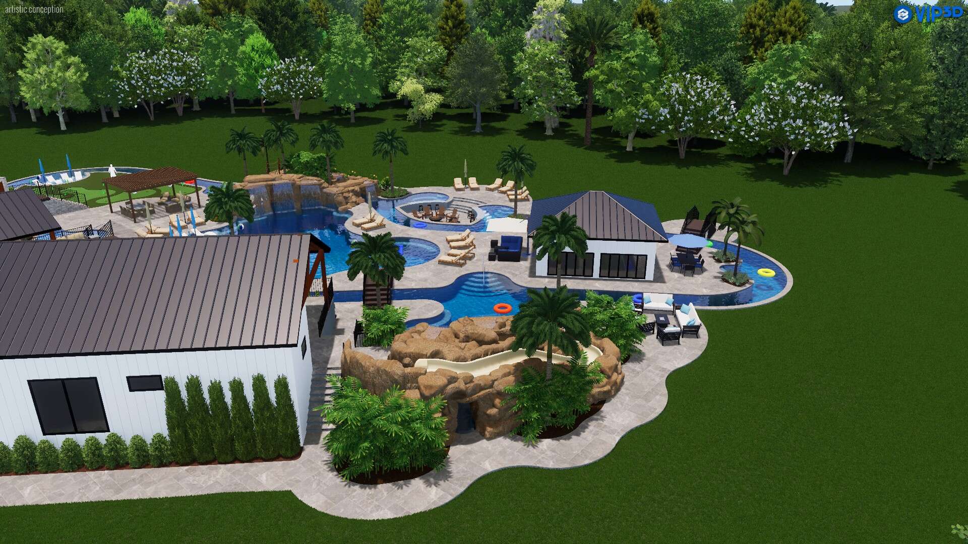 3D Design lush green backyard with custom luxury swimming pool, rock waterfall, and outdoor lounging areas.