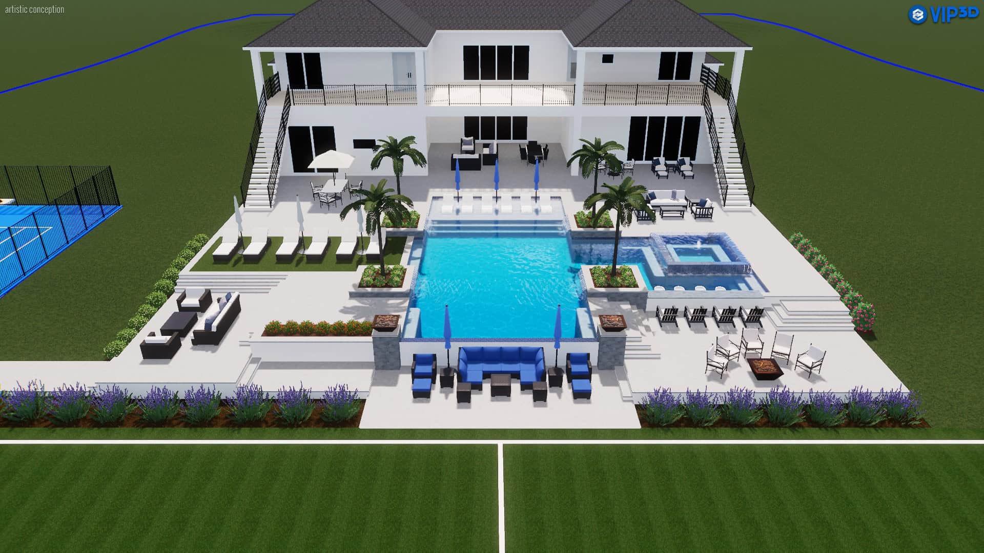 3D Design vibrant backyard pool area with modern amenities, lush landscaping, and outdoor seating for luxury relaxation.
