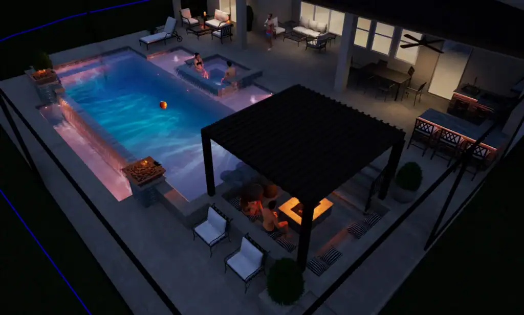 3D design rendering of a luxury backyard with a pool, spa and outdoor living area at night