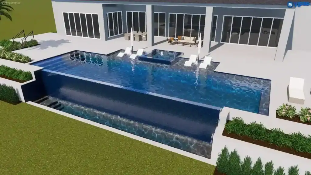 Infinity edge pool with water sheeting evenly over the disappearing edge