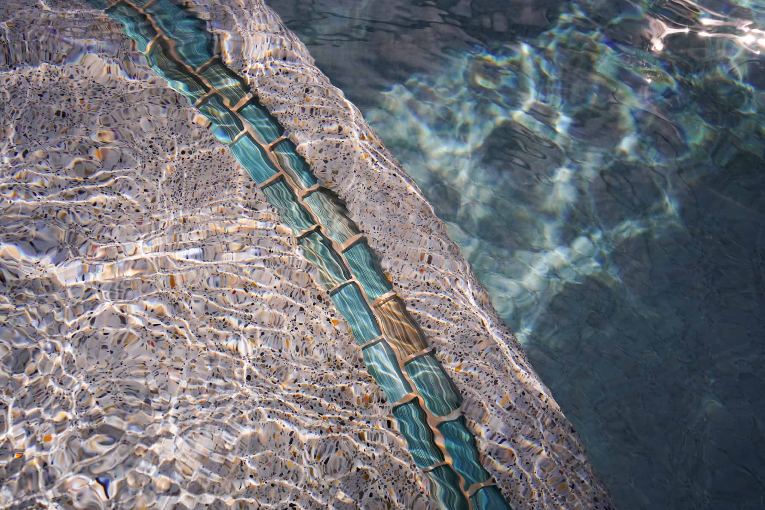 High-end residential swimming pool with sleek design, tanning ledge, and tropical landscaping.