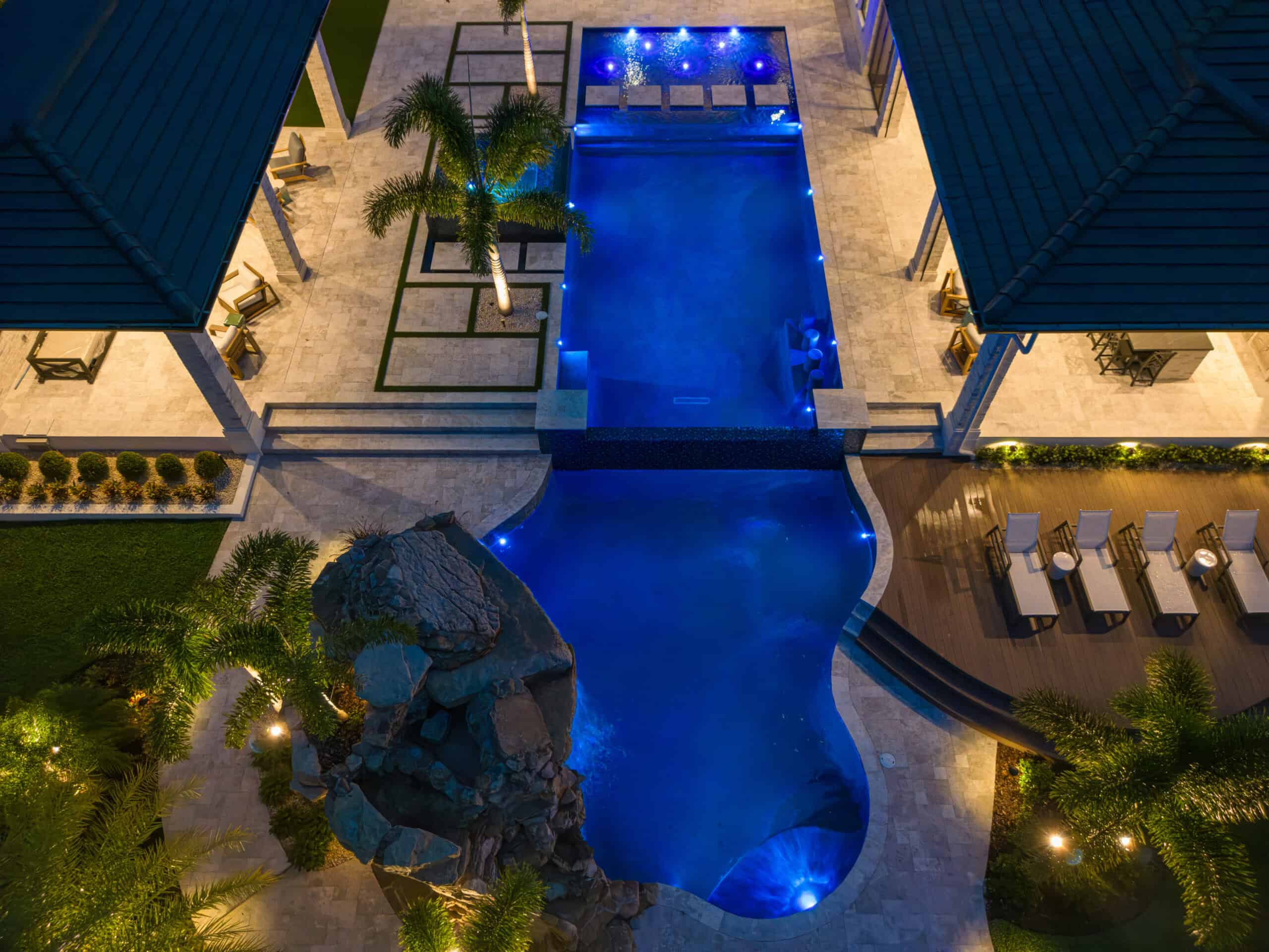 Aerial view of a custom luxury pool built by Southern Pool Designs in Central Florida